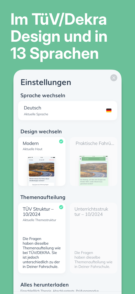 Einstellungen der ClickClickDrive-App zur Sprachauswahl und zum Prüfungsdesign.