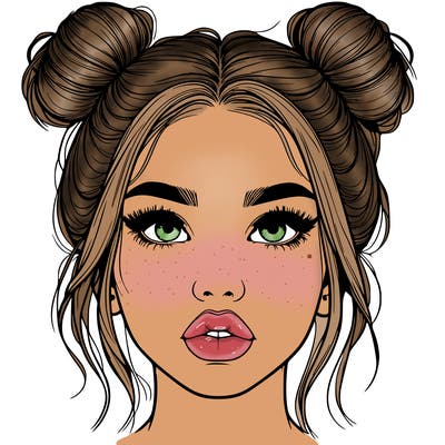 realistic girl with two buns on her hair and lips
