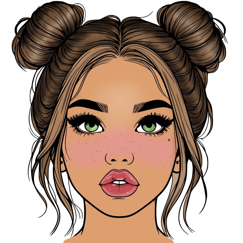 realistic girl with two buns on her hair and lips