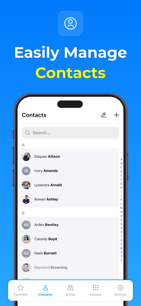 Contacts - Phone Dialer - User interface of a contact management app displaying a list of contacts with a search bar and navigation menu