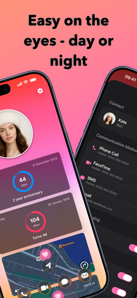 Darling - Captura de tela do aplicativo Darling mostrando interfaces de modo claro e escuro com widgets de gerenciamento de relacionamento.