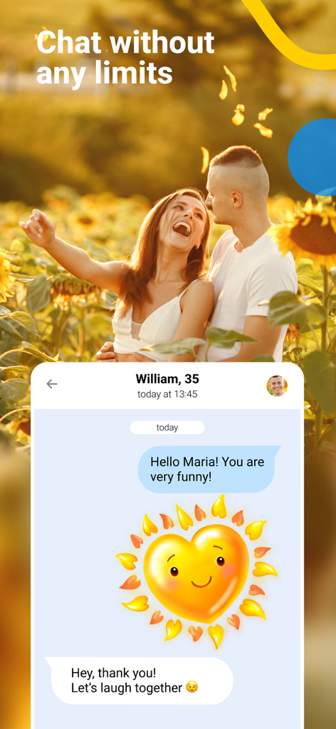 Screenshot der Maria Dating App zeigt eine Chat-Oberfläche zwischen Benutzern über einem Hintergrund von einem lachenden Paar in einem Sonnenblumenfeld