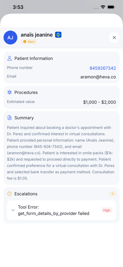 heva Provider - Heva Provider mobile app screen showing patient contact information procedure estimates inquiry summary and active system escalations