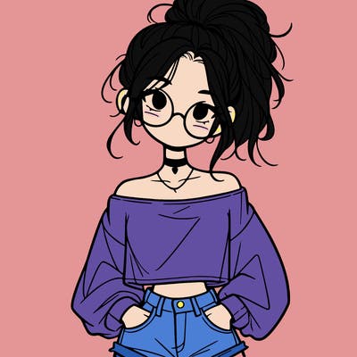 girl with a messy ponytail glasses a baggy crop top and jean shorts