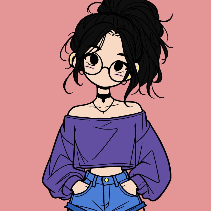 girl with a messy ponytail glasses a baggy crop top and jean shorts