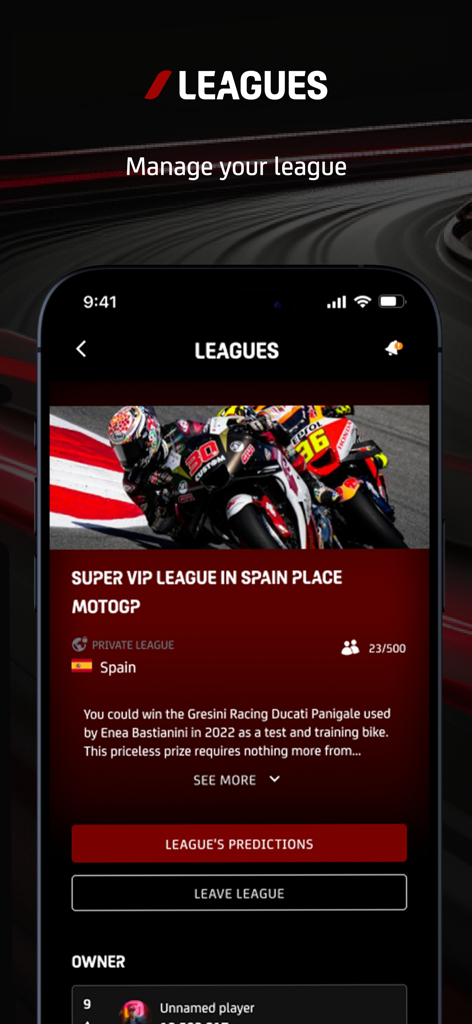 MotoGP™ Guru Predict - Oberfläche zur Verwaltung einer privaten Liga in der MotoGP Guru Predict App, einschließlich Preisinformationen