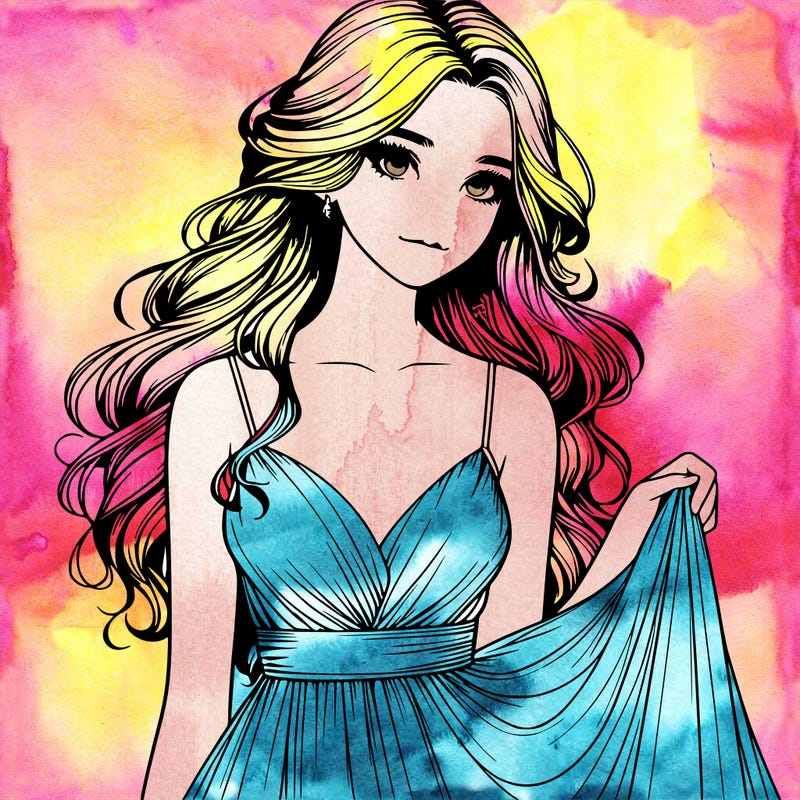 realistic girl in flowy silky prom dress