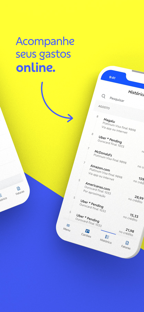 Ourocard - Cartão de crédito. - Mobile screen showing Ourocard credit card transaction history and online expense tracking