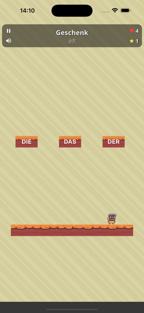Word Climb - German Articles - A pixel art game screen showing a character choosing between die das and der articles for the German word Geschenk