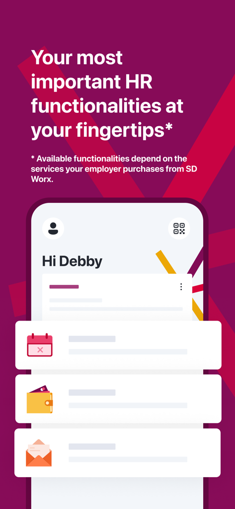Mobile app interface showing HR functions like leave and payroll for employees