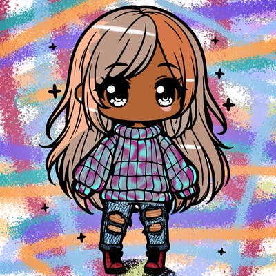chibi girl with ripped jeans,long hair, and an oversized sweater