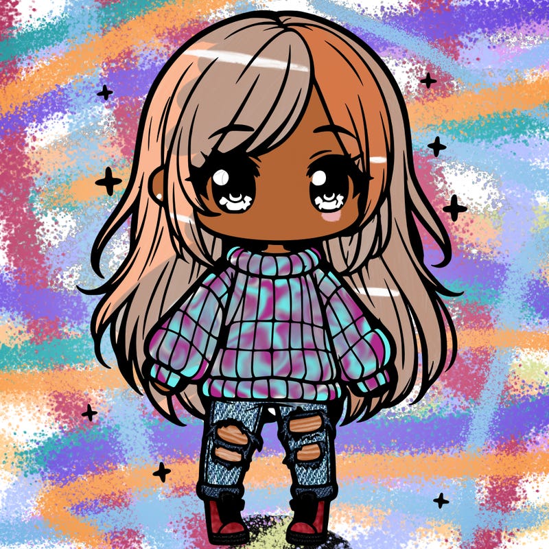 chibi girl with ripped jeans,long hair, and an oversized sweater