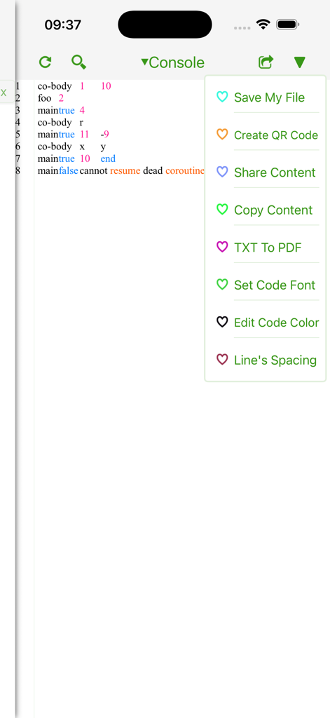 Lua IDE Fresh Edition mobile app interface showing code execution console and a drop-down menu with features like sharing code and editing font.