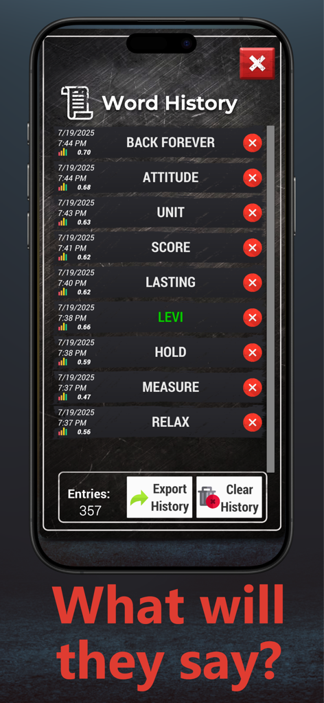 Spirit Chat Box - Ghost Talker - Log della cronologia delle parole dell'app Spirit Chat Box che mostra un elenco di parole catturate e timestamp