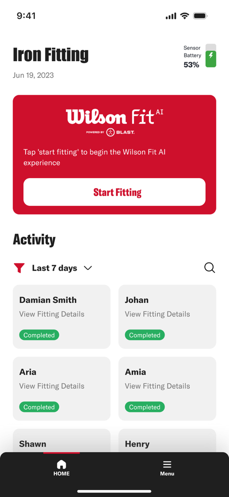 Home screen of the Wilson Fit AI Golf app showing a start fitting button and a list of completed client sessions