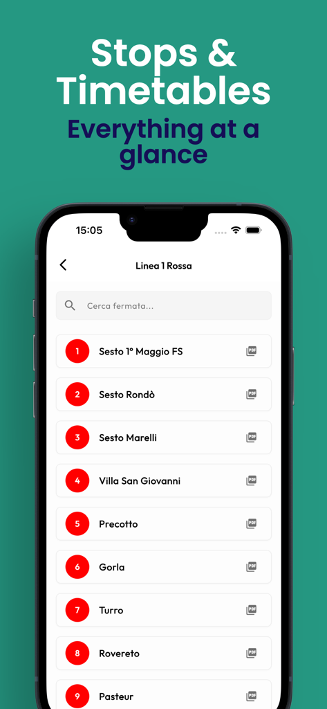 Interfaccia dell'app Metro Milan che mostra un elenco di fermate della metropolitana per la Linea 1 con opzioni di orario