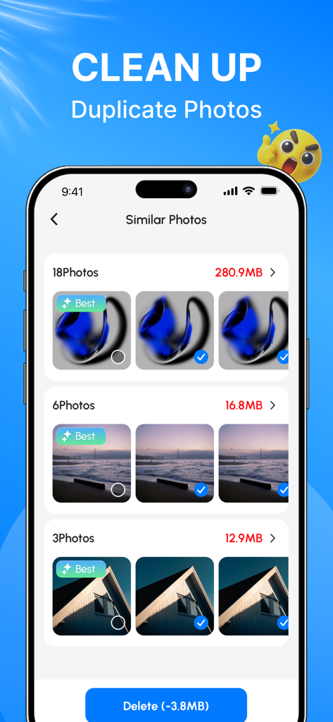 Smart Scan for Photos & Videos - Interfaz de la aplicación que muestra grupos de fotos similares identificadas para su eliminación y liberar espacio de almacenamiento