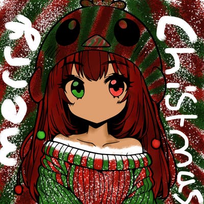 anime girl with chick shaped hat with sweater with bare shoulders with bangs covering them one eye with low tail