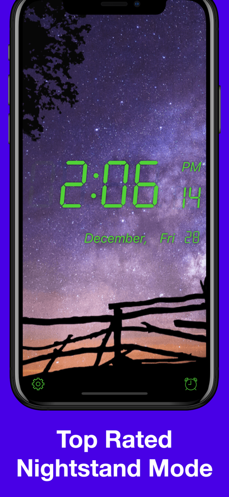Loud Alarm Clock by BLITZ - Loud Alarm Clock App zeigt den erstklassigen Nachttischmodus mit Digitaluhr und Sternenhimmel-Hintergrund