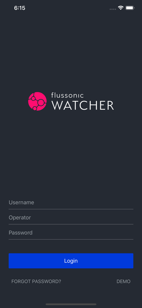 Flussonic Watcher - Flussonic Watcherビデオ監視アプリのログイン画面。ユーザー名、オペレーター、パスワードのフィールドが表示されます。