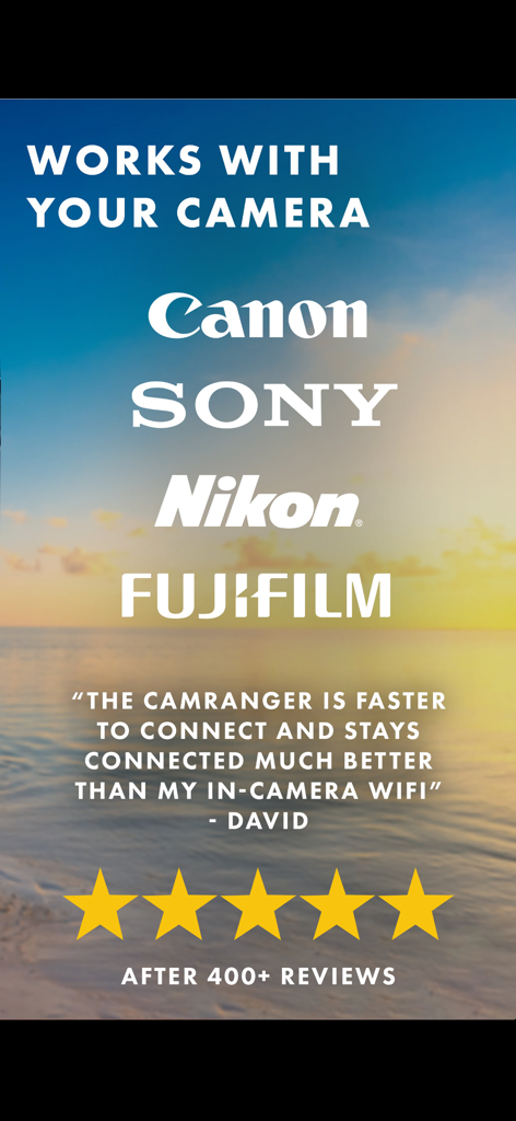 Graphique promotionnel CamRanger 2 montrant la compatibilité avec les appareils photo Canon Sony Nikon et Fujifilm avec un témoignage utilisateur cinq étoiles