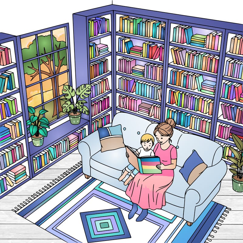 home library with bookshelves and a big couch.  a mom and toddler sitting together on the couch reading a book.  there is a large window, plants,etc