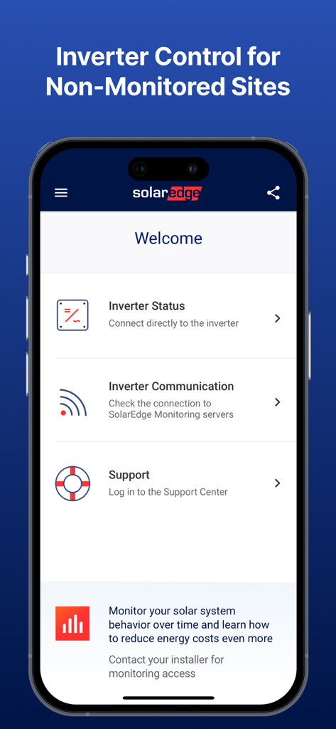 mySolarEdge mobile application showing inverter status and support menu options