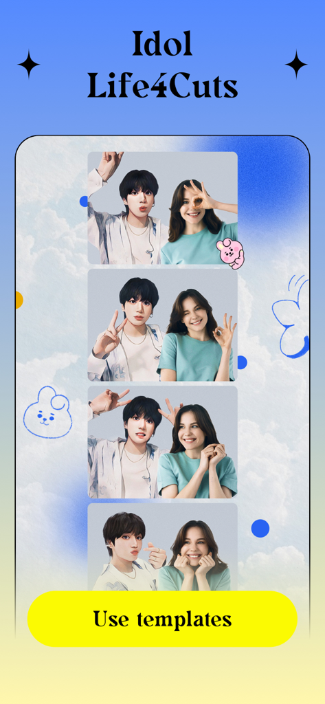 Ritmo Video: AI Video Generate - Ritmo Video 템플릿을 사용하여 사용자와 아이돌이 함께 나온 4컷 사진 부스 스타일 스트립