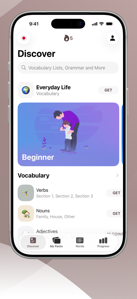 Learn Japanese with LENGO - Der 'Entdecken'-Bildschirm der App 'Learn Japanese with LENGO' zeigt Anfängervokabelkategorien wie Verben und Nomen