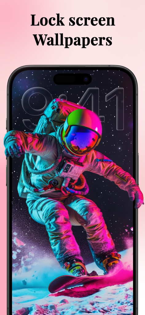 An iPhone lock screen displaying a vibrant neon astronaut snowboarding wallpaper from the Icon Changer app