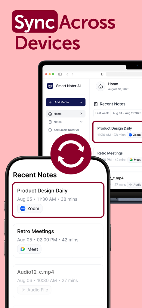 Smart Noter - AI Note Taker - Smart Noter app interface showing seamless note synchronization between a mobile phone and a computer screen
