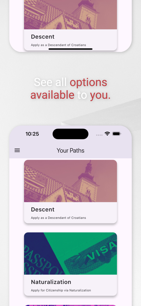 CitizenHR: Croatia Citizenship - CitizenHR App-Bildschirm, der Optionen für die kroatische Staatsbürgerschaft durch Abstammung und Einbürgerung zeigt