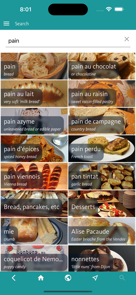 French Food Decoder 앱에서 영어 번역이 있는 다양한 프랑스 빵과 페이스트리에 대한 검색 결과 그리드.