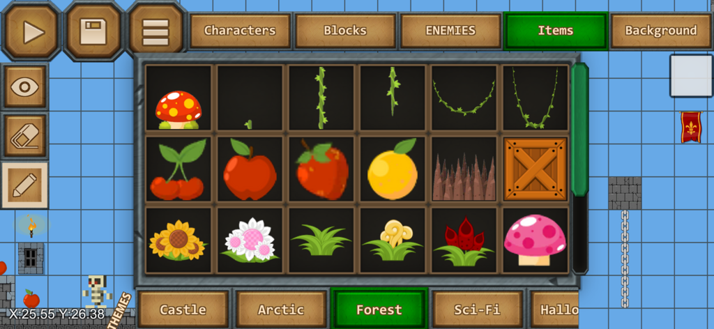 Epic Game Maker: Sandbox Craft - Interfaz del editor de niveles de Epic Game Maker mostrando objetos de temática forestal y una cuadrícula de construcción