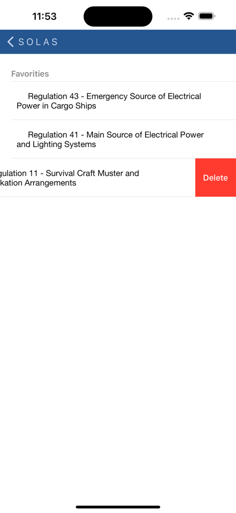 Elenco dei preferiti nell'app SOLAS Consolidato che mostra le normative marittime salvate.