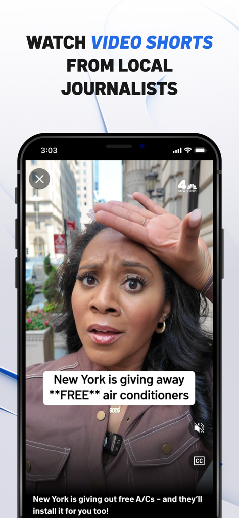 NBC 4 New York: News & Weather - La aplicación NBC 4 New York muestra un video corto de noticias sobre aires acondicionados gratuitos de periodistas locales.