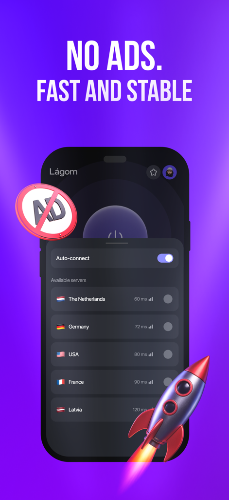 LagomVPN — VPN without ads - LagomVPN app interface displaying a list of global servers with low latency and a no-ads badge