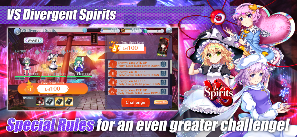 Interface de batalha de Touhou LostWord para o desafio VS Divergent Spirits com personagens de anime.