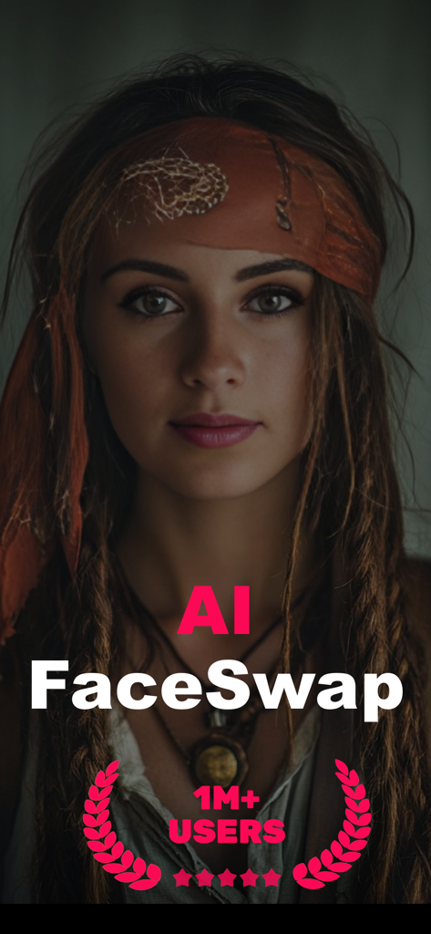 FaceChanger Pro:Face Swap AI - AI FaceSwap interface featuring a woman in character with over one million users social proof.