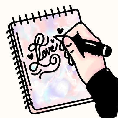 a hand writing “love” in calligraphy on a notebook