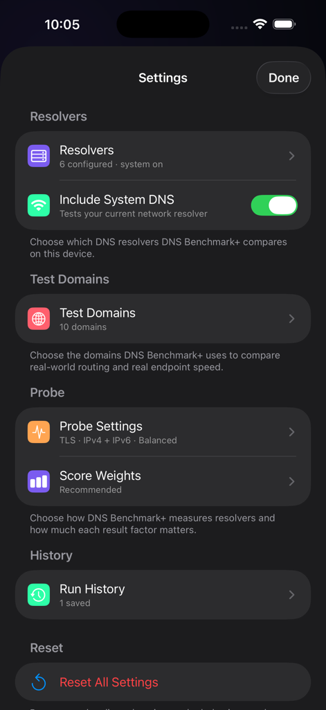 DNS Benchmark+ - Settings screen for DNS Benchmark plus app showing resolver and probe configurations