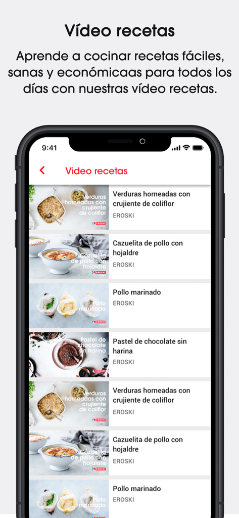 Ecrã da aplicação móvel EROSKI Supermercados exibindo uma galeria de receitas saudáveis em vídeo