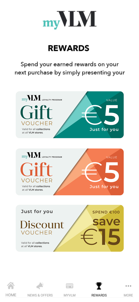 myVLM Card - myVLM app rewards interface showing digital gift vouchers and a discount offer