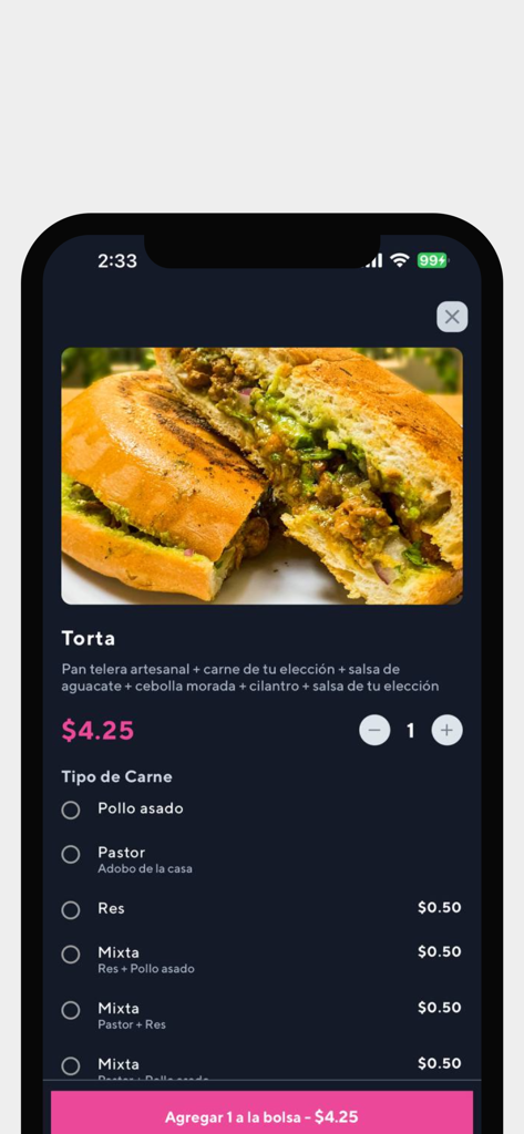Xolos Mexican Food - Mobile screen of Xolos Mexican Food app showing a Torta with meat options and price