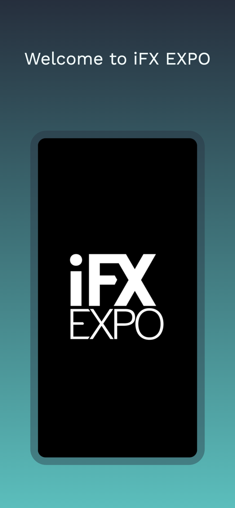 iFX EXPO - Welcome screen of the iFX EXPO app showing the official logo on a smartphone display