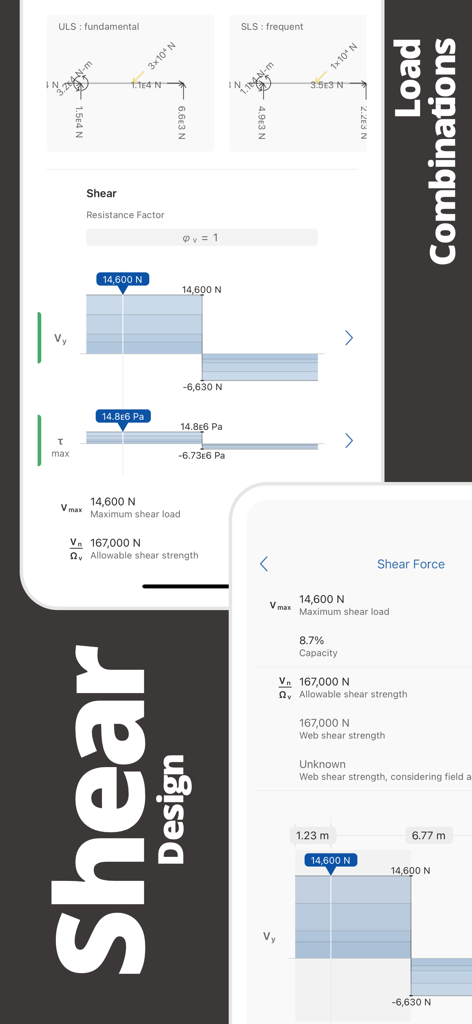 Interface of the Deflection Pro app showing structural shear design calculations and load combination diagrams