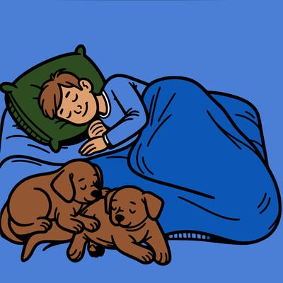 dog dogs with an owner that’s cuddling with them in a bed