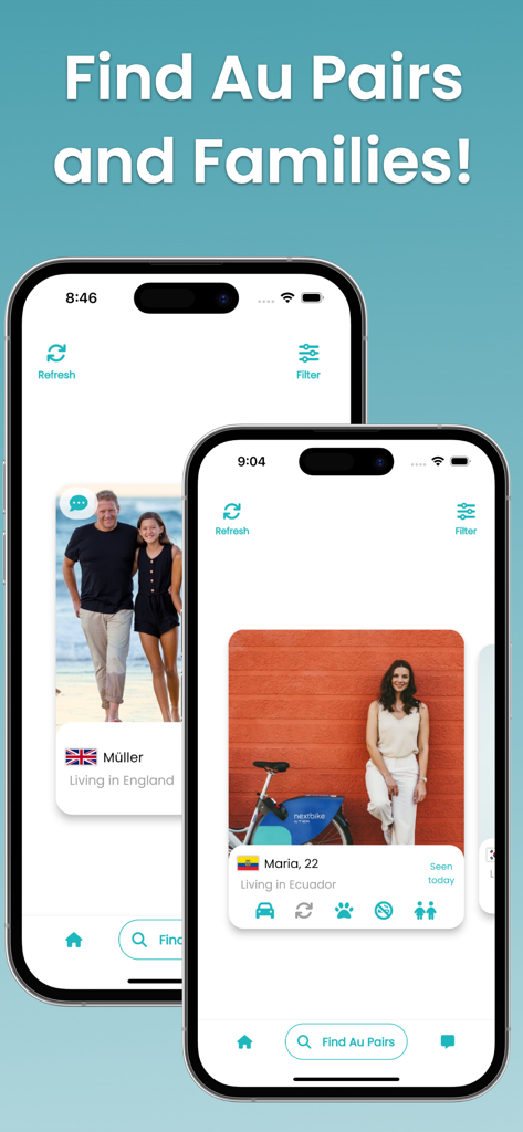 Interfaz de la aplicación Aupair Valley mostrando perfiles para encontrar familias anfitrionas y au pairs