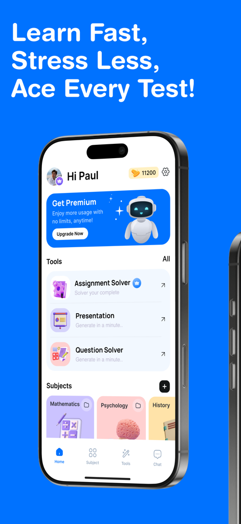 Academi AI: Study & Exam Tutor - Academi AI mobile app interface showing study tools like assignment solver and question solver with subjects like mathematics and psychology