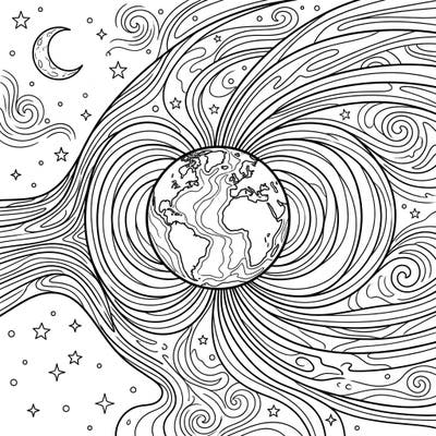 Dive into the celestial beauty of Earth's magnetosphere illuminated by the night sky. This detailed coloring page invites you to bring cosmic energy and stellar dreams to life with your favorite colors.